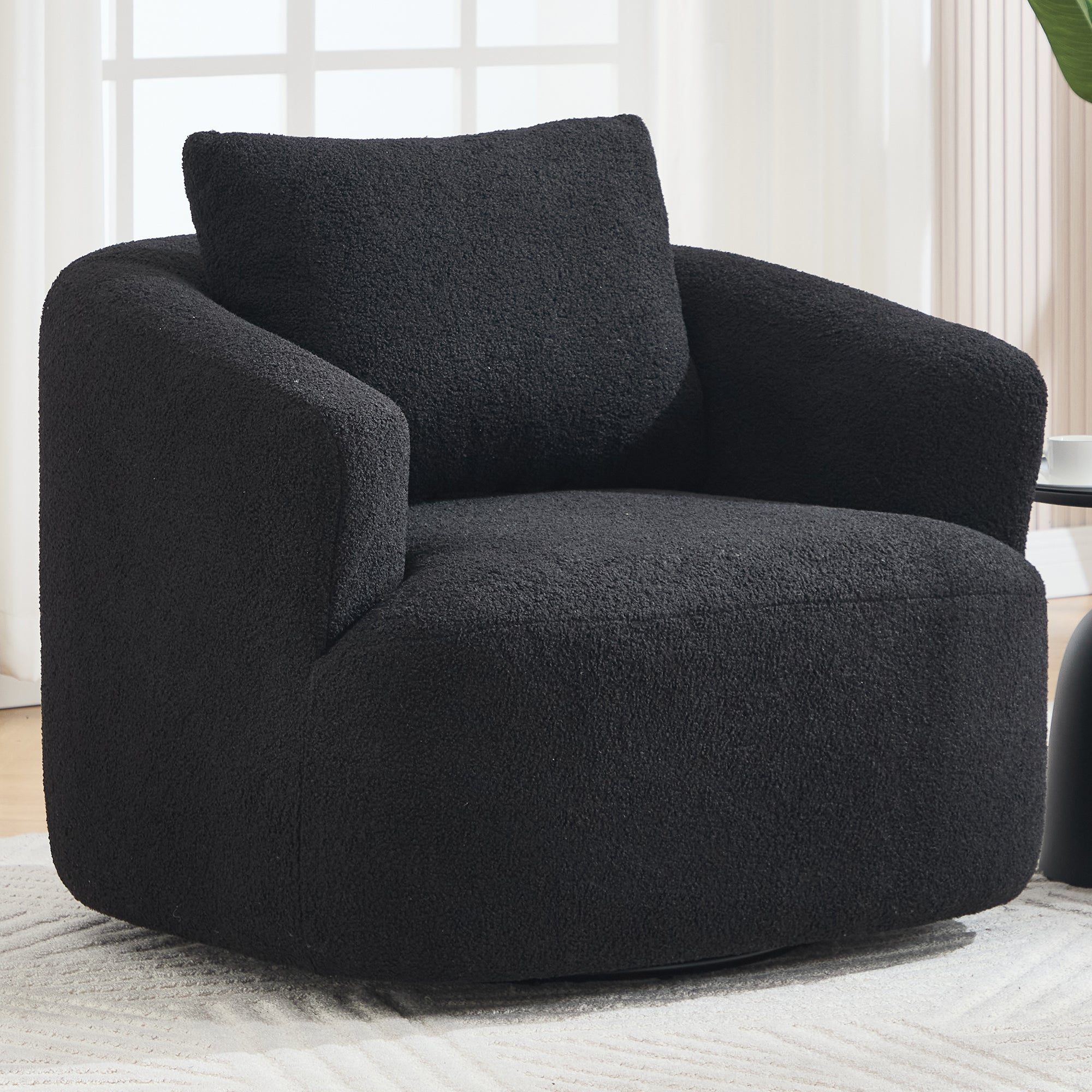 360 Swivel Round Upholstered Comfy Chair With One Soft Pillow, Teddy Fleece High-Resilience Sponge Single Sofa, No Assembly for Living Room, Bedroom, Apartment, Black