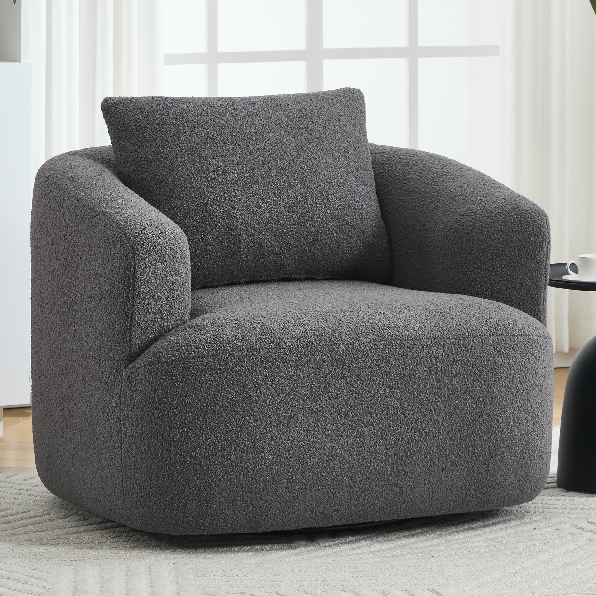 360 Swivel Round Upholstered Comfy Chair With One Soft Pillow, Teddy Fleece High-Resilience Sponge Single Sofa, No Assembly for Living Room, Bedroom, Apartment, Dark Grey.