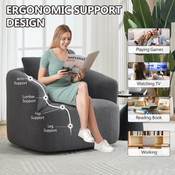 360 Swivel Round Upholstered Comfy Chair With One Soft Pillow, Teddy Fleece High-Resilience Sponge Single Sofa, No Assembly for Living Room, Bedroom, Apartment, Dark Grey.