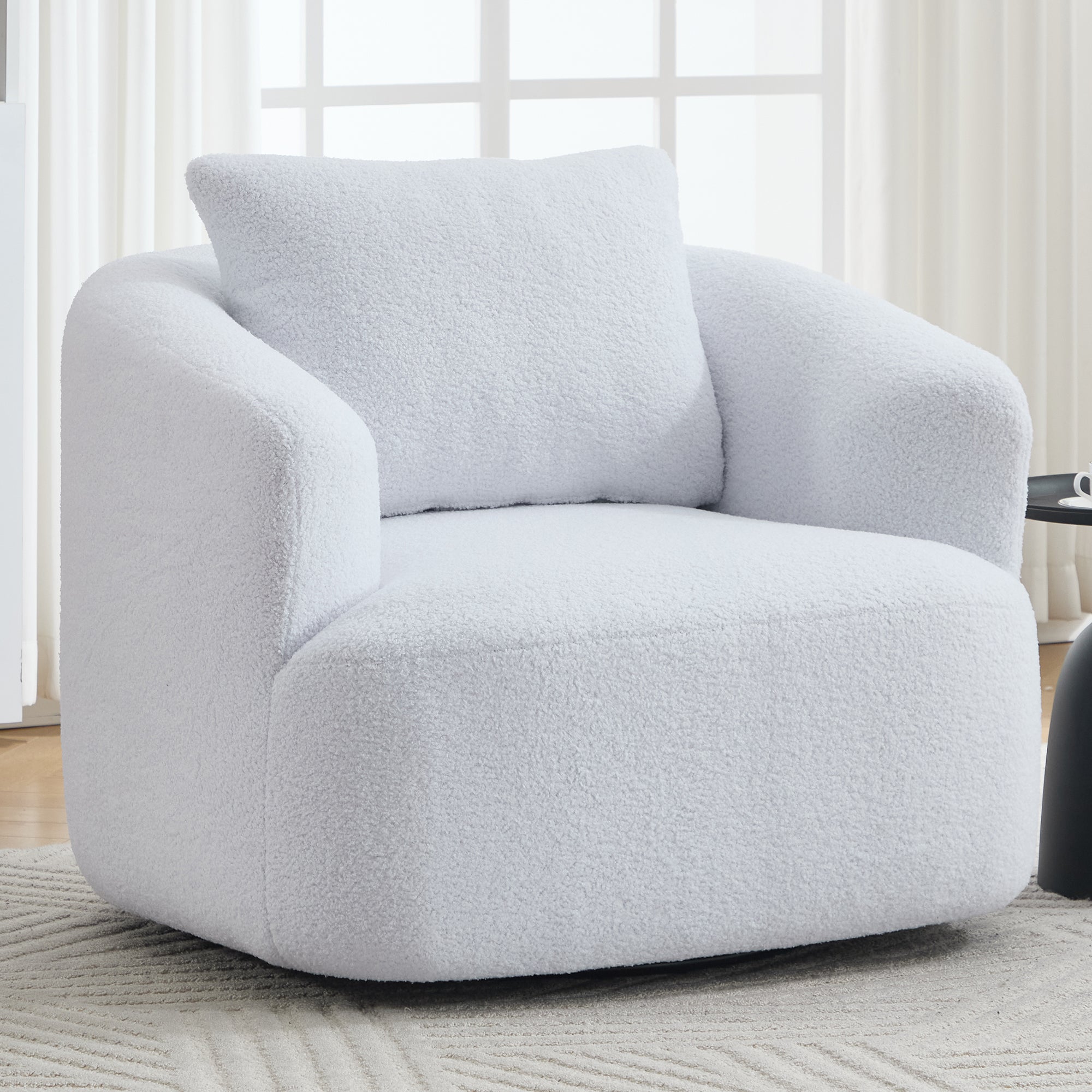 360 Swivel Round Upholstered Comfy Chair With One Soft Pillow, Teddy Fleece High-Resilience Sponge Single Sofa, No Assembly for Living Room, Bedroom, Apartment, White