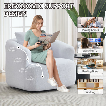 360 Swivel Round Upholstered Comfy Chair With One Soft Pillow, Teddy Fleece High-Resilience Sponge Single Sofa, No Assembly for Living Room, Bedroom, Apartment, White