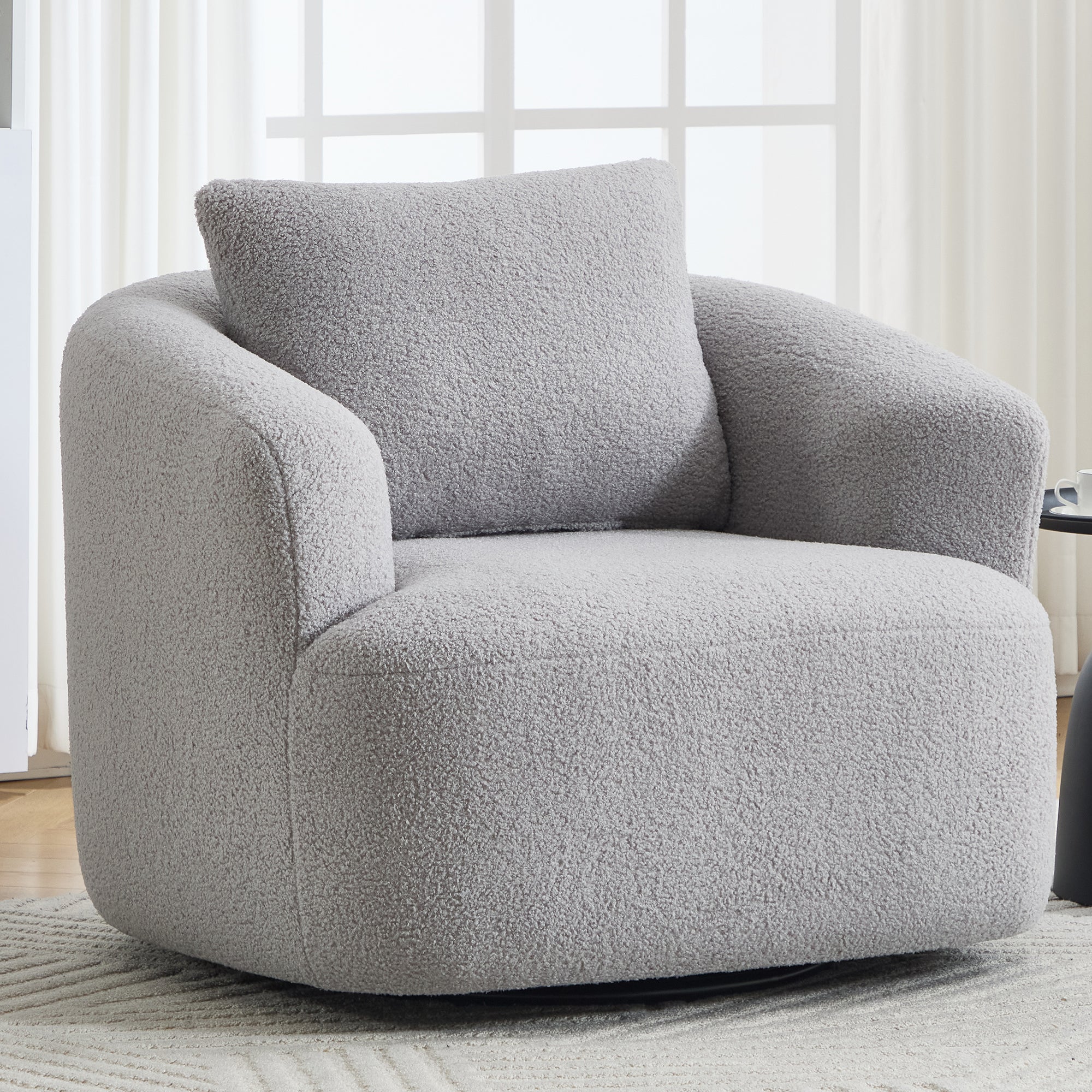 360 Swivel Round Upholstered Comfy Chair With One Soft Pillow, Teddy Fleece High-Resilience Sponge Single Sofa, No Assembly for Living Room, Bedroom, Apartment, Light Grey