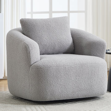 360 Swivel Round Upholstered Comfy Chair With One Soft Pillow, Teddy Fleece High-Resilience Sponge Single Sofa, No Assembly for Living Room, Bedroom, Apartment, Light Grey