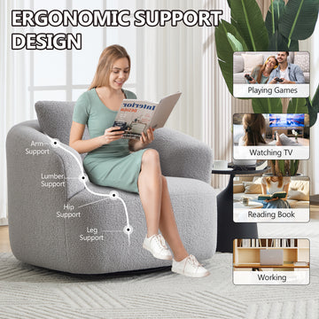 360 Swivel Round Upholstered Comfy Chair With One Soft Pillow, Teddy Fleece High-Resilience Sponge Single Sofa, No Assembly for Living Room, Bedroom, Apartment, Light Grey