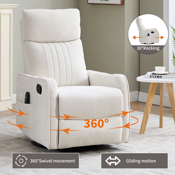 Beige Heat Massage Manual Recliner Chair with Rocker and Swivel in Fabric for Living Room