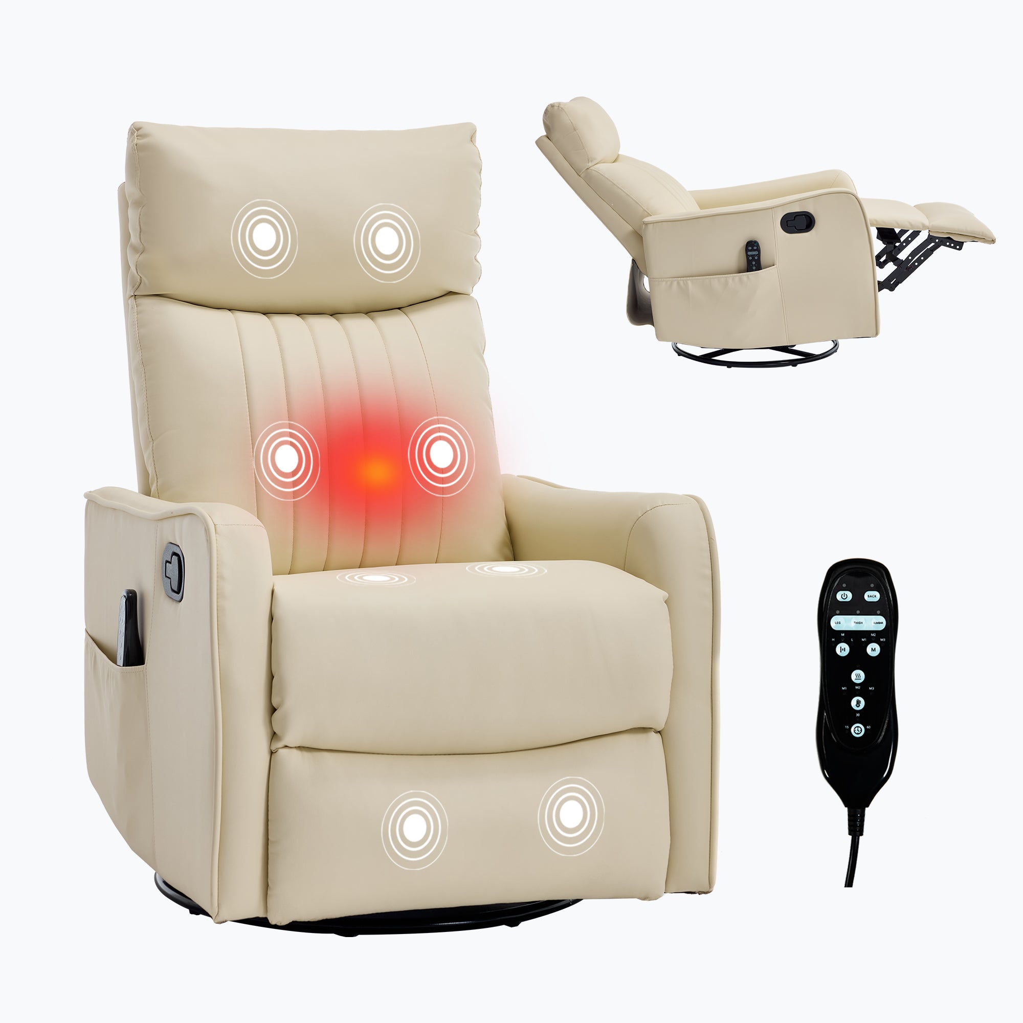 Beige Heat Massage Manual Recliner Chair with Rocker and Swivel in Faux Leather for Living Room