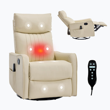 Beige Heat Massage Manual Recliner Chair with Rocker and Swivel in Faux Leather for Living Room