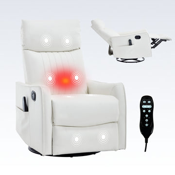 White Heat Massage Manual Recliner Chair with Rocker and Swivel in Faux Leather for Living Room