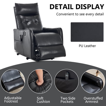 Black PU Single Motor Power Lift Recliner Chair with Massage and Heat for Elderly, Heavy Duty Motion Mechanism and One USB for Charging, Max Reclining Angle 155 Degrees