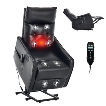Black PU Single Motor Power Lift Recliner Chair with Massage and Heat for Elderly, Heavy Duty Motion Mechanism and One USB for Charging, Max Reclining Angle 155 Degrees