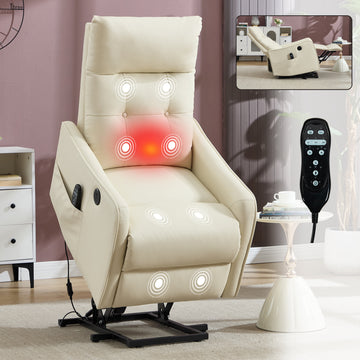 Beige PU Single Motor Power Lift Recliner Chair with Massage and Heat for Elderly, Heavy Duty Motion Mechanism and One USB for Charging, Max Reclining Angle 155 Degrees