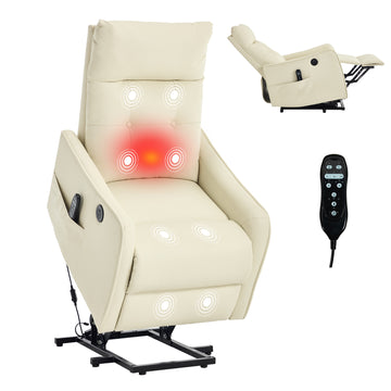 Beige PU Single Motor Power Lift Recliner Chair with Massage and Heat for Elderly, Heavy Duty Motion Mechanism and One USB for Charging, Max Reclining Angle 155 Degrees