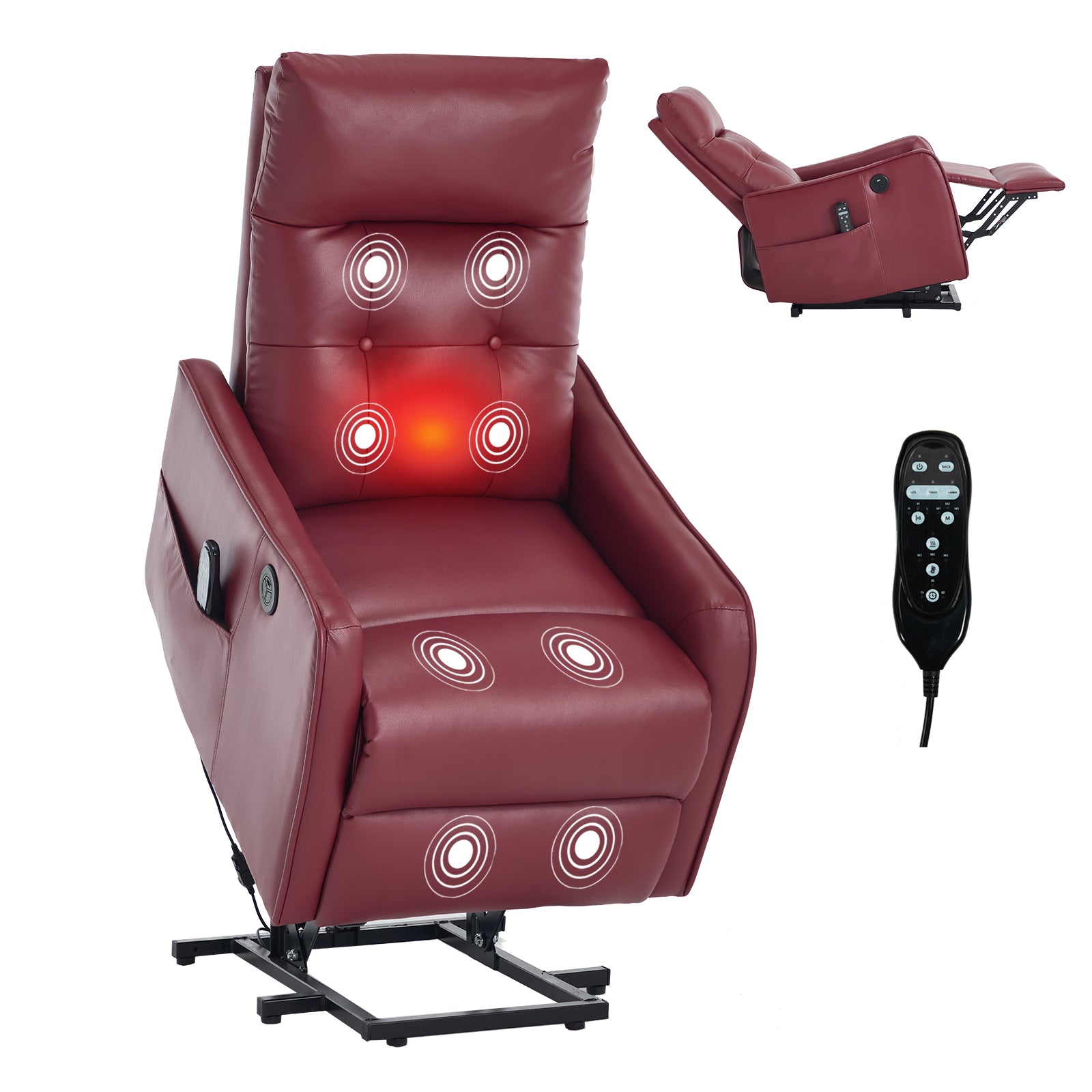 Wine Red PU Single Motor Power Lift Recliner Chair with Massage and Heat for Elderly, Heavy Duty Motion Mechanism and One USB for Charging, Max Reclining Angle 155 Degrees
