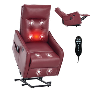 Wine Red PU Single Motor Power Lift Recliner Chair with Massage and Heat for Elderly, Heavy Duty Motion Mechanism and One USB for Charging, Max Reclining Angle 155 Degrees