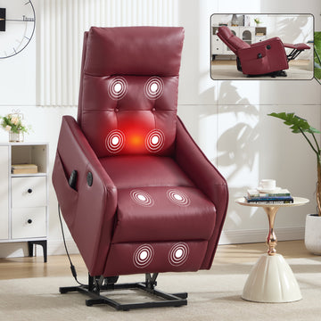 Wine Red PU Single Motor Power Lift Recliner Chair with Massage and Heat for Elderly, Heavy Duty Motion Mechanism and One USB for Charging, Max Reclining Angle 155 Degrees