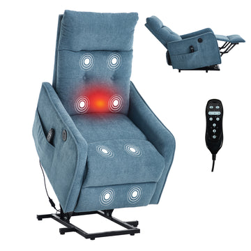 Blue Chenille Single Motor Power Lift Recliner Chair with Massage and Heat for Elderly, Heavy Duty Motion Mechanism and One USB for Charging, Max Reclining Angle 155 Degrees