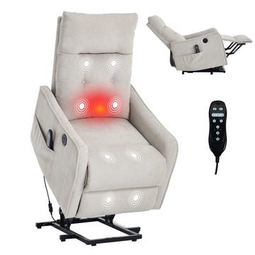 Beige Chenille Single Motor Power Lift Recliner Chair with Massage and Heat for Elderly, Heavy Duty Motion Mechanism and One USB for Charging, Max Reclining Angle 155 Degrees