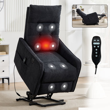 Black Chenille Single Motor Power Lift Recliner Chair with Massage and Heat for Elderly, Heavy Duty Motion Mechanism and One USB for Charging, Max Reclining Angle 155 Degrees