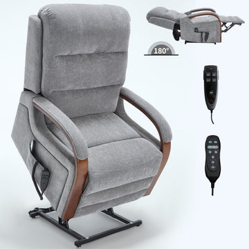 Power Chenille Lift Recliner Chair Dual Motor Infinite Position Up to 350 LBS with Solid Wood Armrests and Heat Massage