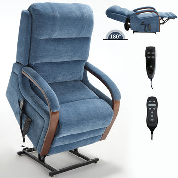 Power Chenille Lift Recliner Chair Dual Motor Infinite Position Up to 350 LBS with Solid Wood Armrests and Heat Massage