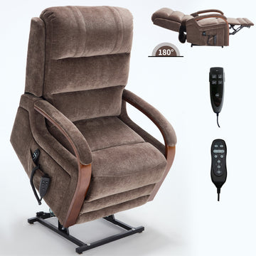 Power Chenille Lift Recliner Chair Dual Motor Infinite Position Up to 350 LBS with Solid Wood Armrests and Heat Massage