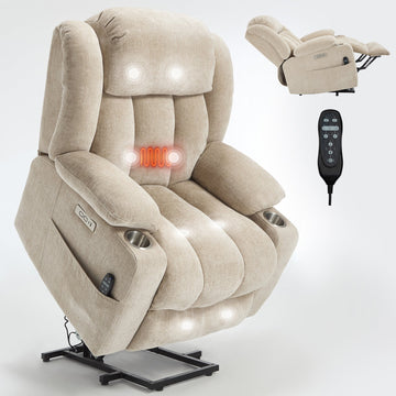 Beige Chenille Power Lift Recliner Chair with 8-Point Vibration Massage and Lumbar Heating