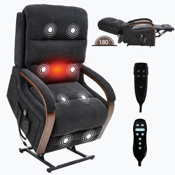 Power Black Chenille Lift Recliner Chair Dual Motor Infinite Position Up to 350 LBS with Solid Wood Armrests and Heat Massage