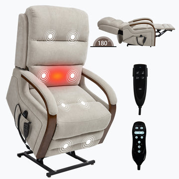 Power Beige Chenille Lift Recliner Chair Dual Motor Infinite Position Up to 350 LBS with Solid Wood Armrests and Heat Massage