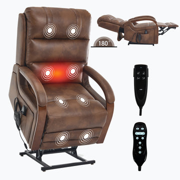 Power Brown Leatheraire Lift Recliner Chair Dual Motor Infinite Position Up to 350 LBS with Solid Wood Armrests and Heat Massage