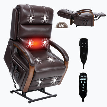Power Brown Leatheraire Lift Recliner Chair Dual Motor Infinite Position Up to 350 LBS with Solid Wood Armrests and Heat Massage