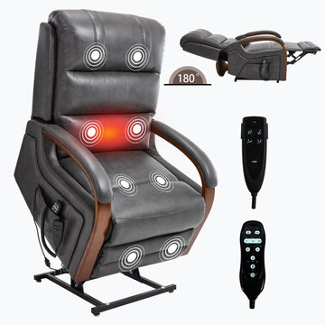 Power Dark Gray Leatheraire Lift Recliner Chair Dual Motor Infinite Position Up to 350 LBS with Solid Wood Armrests and Heat Massage