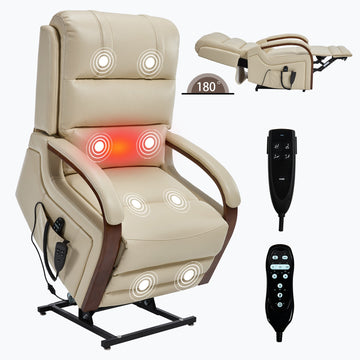 Power Beige Leatheraire Lift Recliner Chair Dual Motor Infinite Position Up to 350 LBS with Solid Wood Armrests and Heat Massage