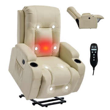 Beige PU Infinite Position Up to 350 LBS Power Lift Recliner Chair for Elderly, Heavy Duty Motion Mechanism with 8-Point Vibration Massage and Lumbar Heating, USB Charging Port