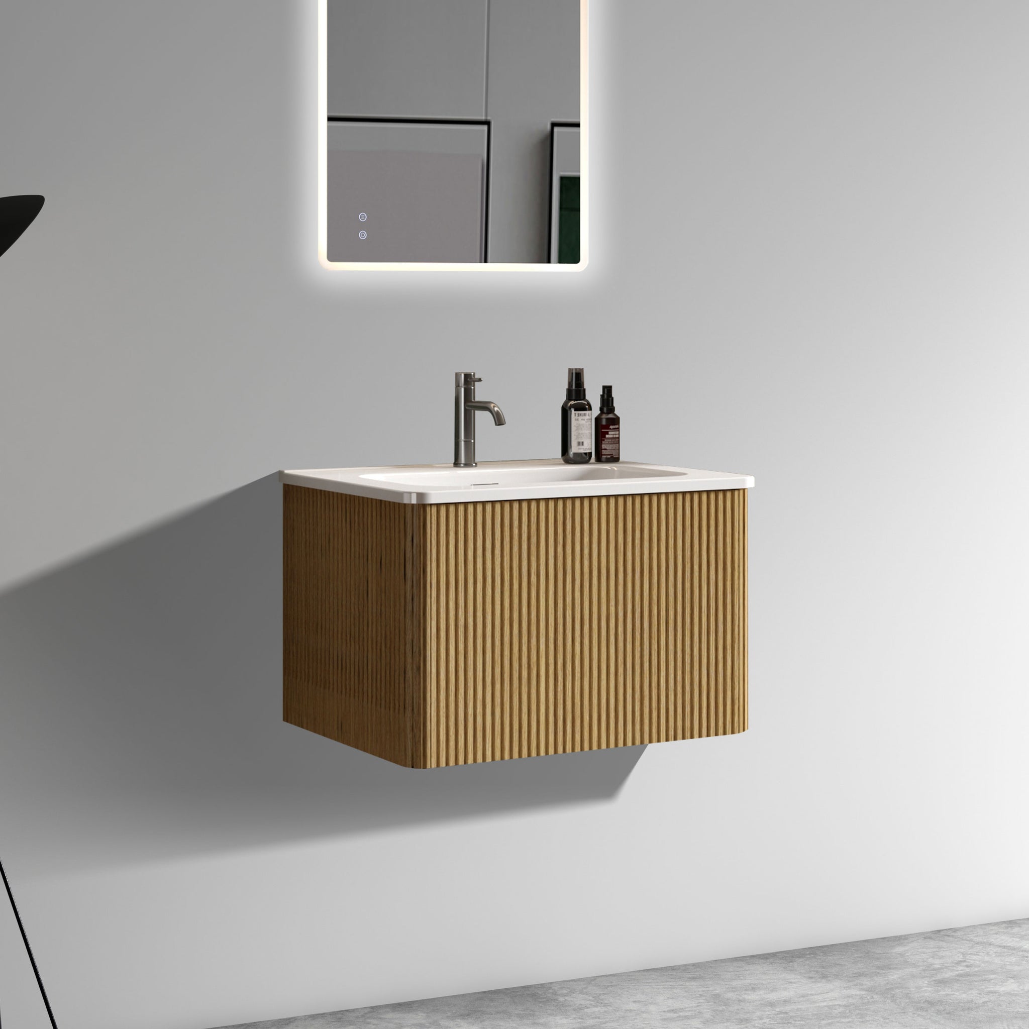 24 Inch Striped Natural Oak Bathroom Vanity with White Ceramic Sink Wall Mounted Floating Pre Assembled Modern Design