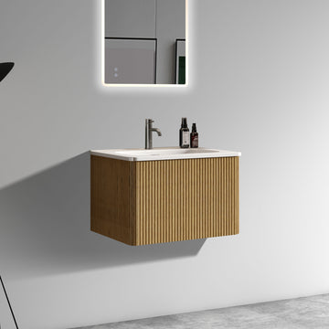 24 Inch Striped Natural Oak Bathroom Vanity with White Ceramic Sink Wall Mounted Floating Pre Assembled Modern Design