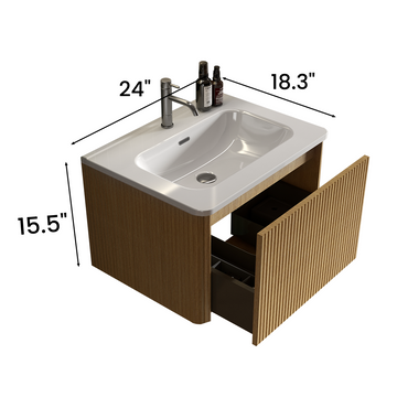 24 Inch Striped Natural Oak Bathroom Vanity with White Ceramic Sink Wall Mounted Floating Pre Assembled Modern Design