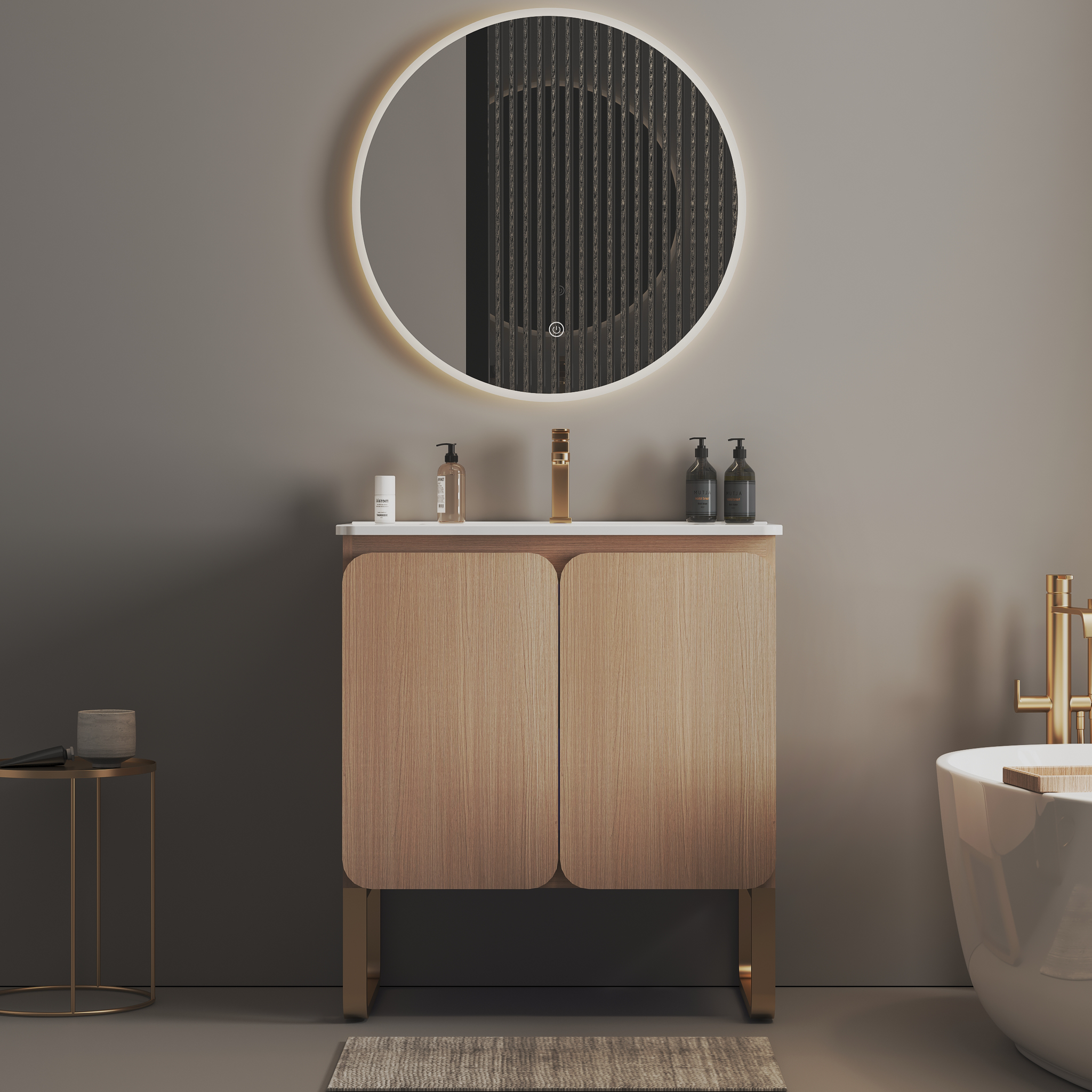330 Inch Freestanding Wall Mounted Light Wood Bathroom Vanity with Ceramic Sink Large Storage 2 Doors Metal Support KD