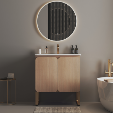 330 Inch Freestanding Wall Mounted Light Wood Bathroom Vanity with Ceramic Sink Large Storage 2 Doors Metal Support KD