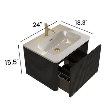 24 Inch Striped Brushed Black Oak Floating Bathroom Vanity with White Ceramic Sink One Piece Basin Pre Assembled