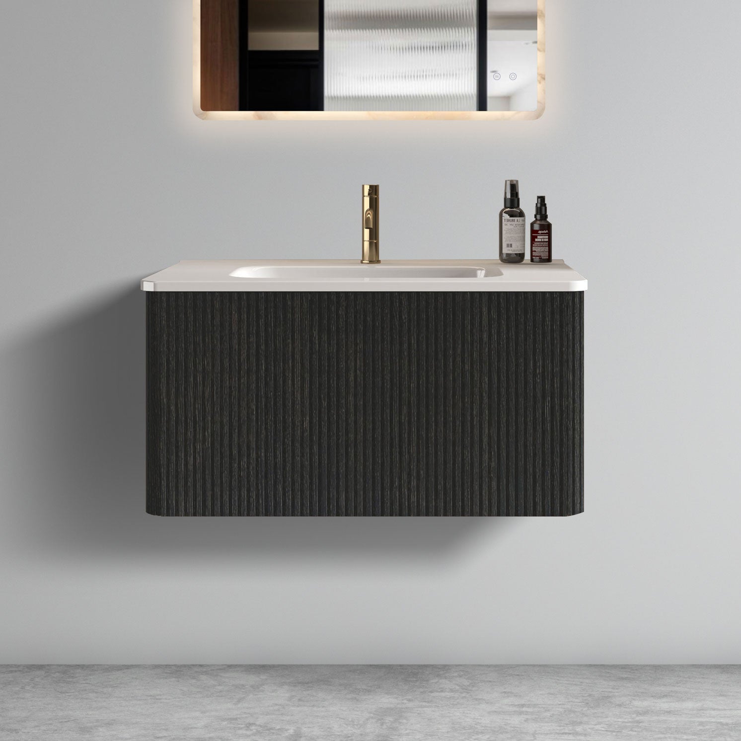 30 Inch Striped Brushed Black Oak Floating Bathroom Vanity with White Ceramic Sink One Piece Basin Pre Assembled