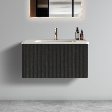 30 Inch Striped Brushed Black Oak Floating Bathroom Vanity with White Ceramic Sink One Piece Basin Pre Assembled