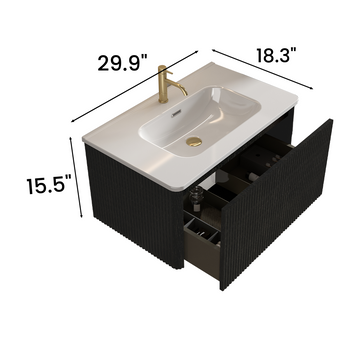 30 Inch Striped Brushed Black Oak Floating Bathroom Vanity with White Ceramic Sink One Piece Basin Pre Assembled