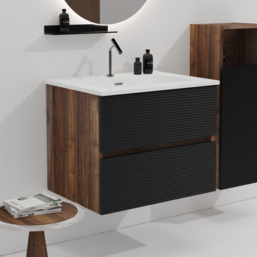 24 Inch Wall Mounted Soft Black Walnut Bathroom Vanity with Integrated Ceramic Sink Overflow Large Storage Floating Pre Assembled