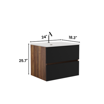 24 Inch Wall Mounted Soft Black Walnut Bathroom Vanity with Integrated Ceramic Sink Overflow Large Storage Floating Pre Assembled