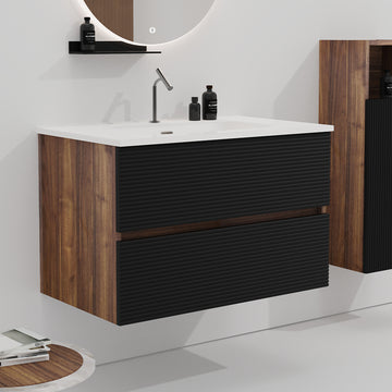 30 Inch Wall Mounted Soft Black Walnut Bathroom Vanity with Integrated Ceramic Sink Overflow Large Storage Floating Pre Assembled