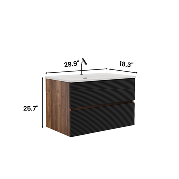 30 Inch Wall Mounted Soft Black Walnut Bathroom Vanity with Integrated Ceramic Sink Overflow Large Storage Floating Pre Assembled