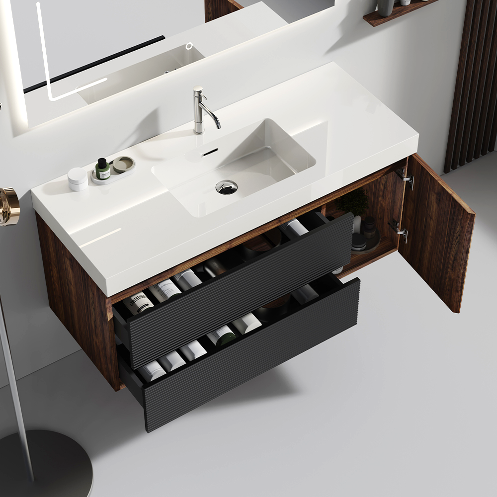 48 Inch Walnut Bathroom Vanity with Glossy White Solid Surface Sink Soft Black Drawers Wall Mounted Floating One Piece Basin Pre Assembled