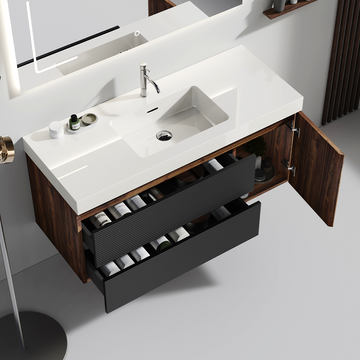 48 Inch Walnut Bathroom Vanity with Glossy White Solid Surface Sink Soft Black Drawers Wall Mounted Floating One Piece Basin Pre Assembled
