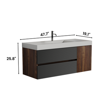 48 Inch Walnut Bathroom Vanity with Glossy White Solid Surface Sink Soft Black Drawers Wall Mounted Floating One Piece Basin Pre Assembled