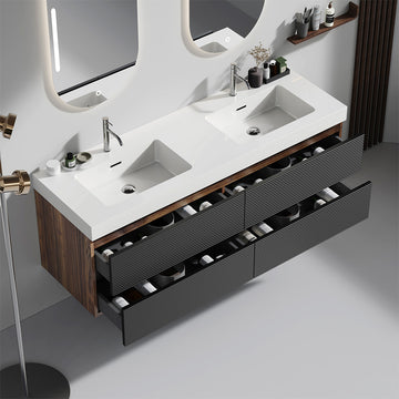 60 Inch Walnut Bathroom Vanity with Glossy White Solid Surface Sink Soft Black Drawers Wall Mounted Floating One Piece Basin Pre Assembled